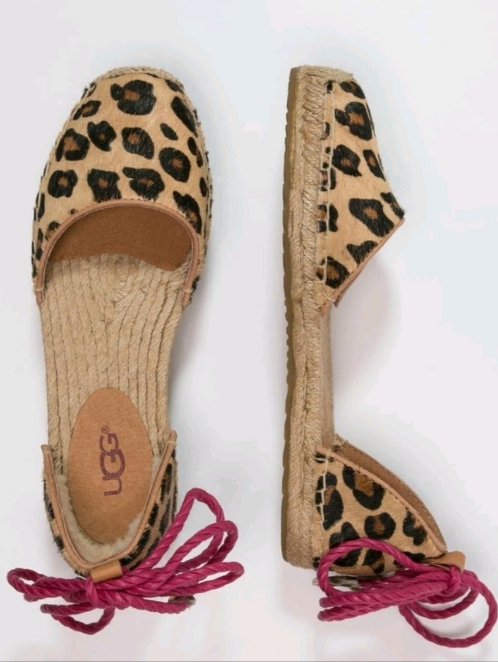 UGG Libbi Leopard Calf Hair Espadrille Sandals Pink Ankle Tie Boho Summer